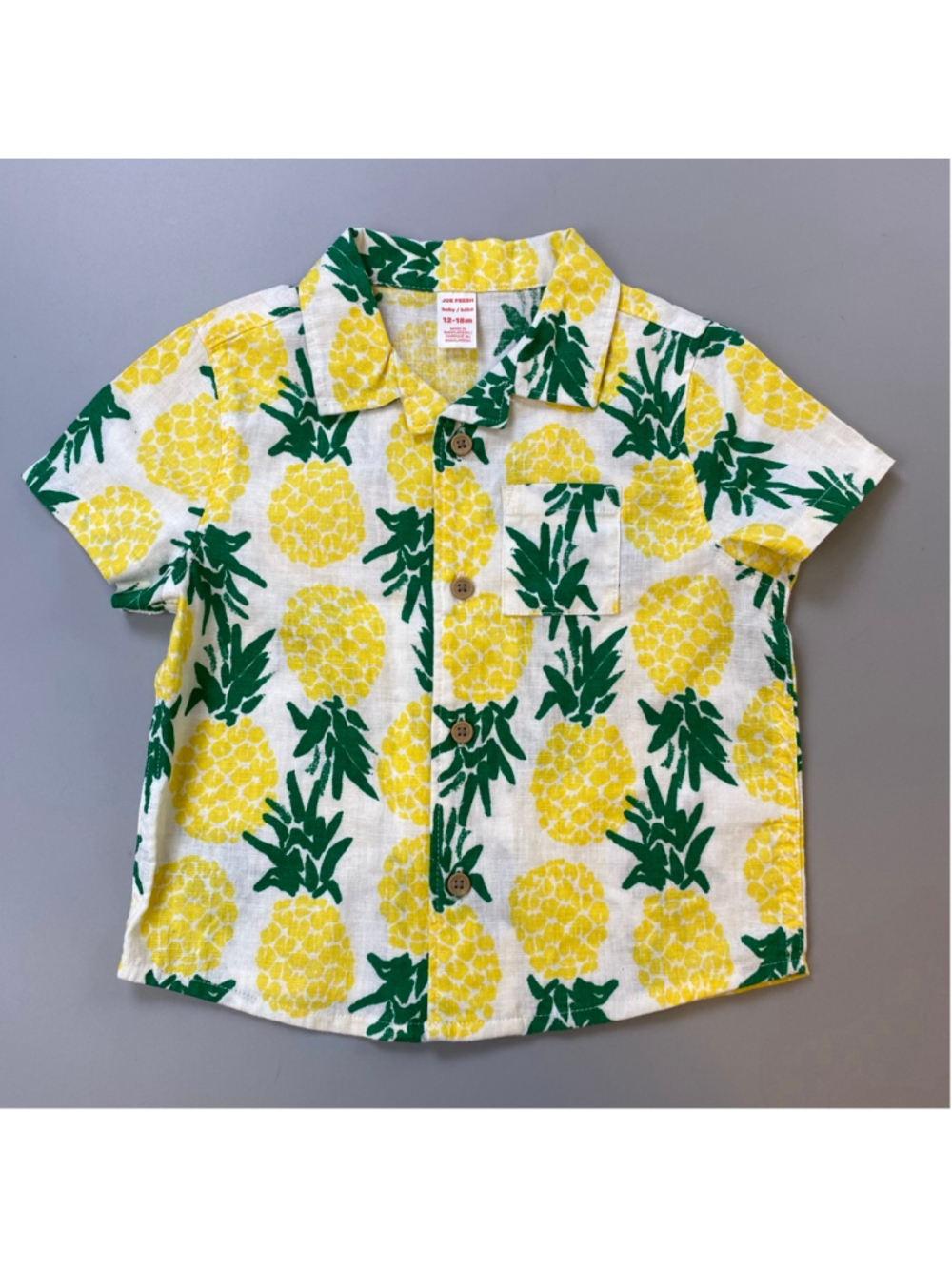 Linen Top Baby 12-18 Months Button Up Pineapple Print White Yellow Aloha Summer